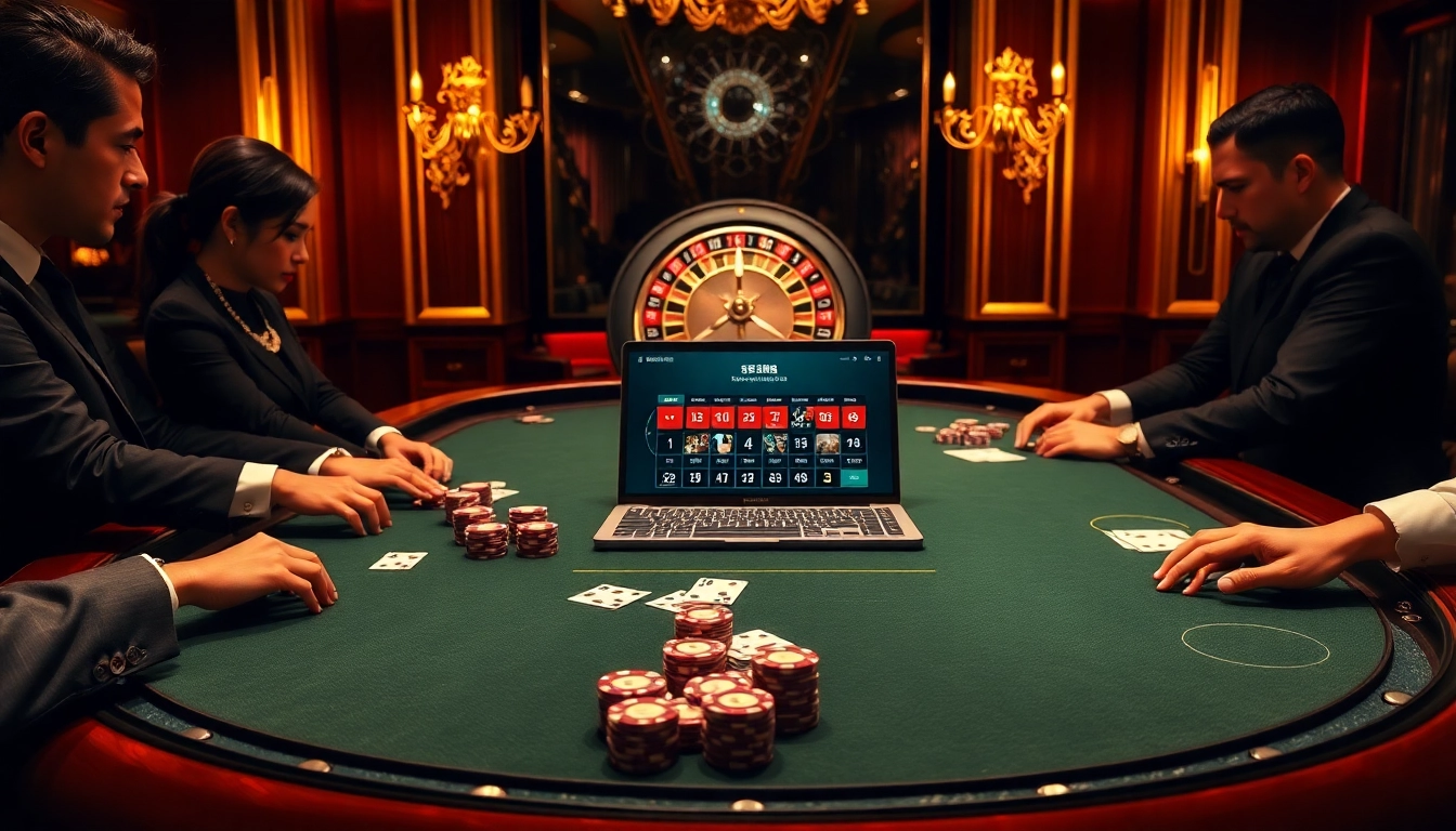 Poker players strategizing in a luxurious casino setting, with online interface from https://11win12.com/ visible.