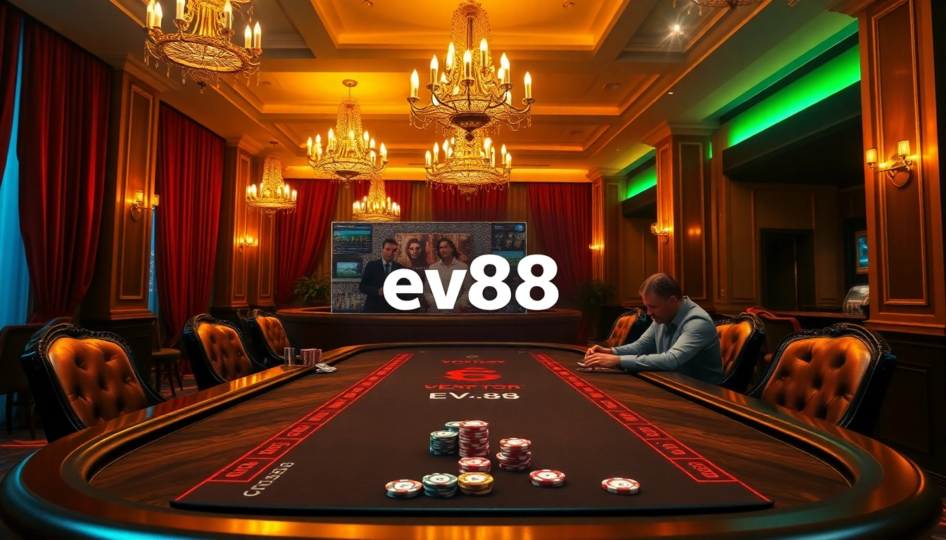 Engaged players at a poker table strategizing with chips while highlighting the link ev88 in a luxurious casino scene.