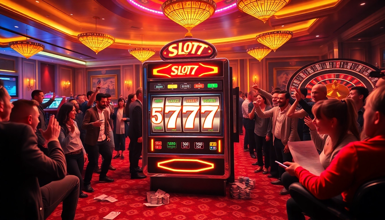 Engaged players celebrating their wins at the slot777 machine in a vibrant casino atmosphere.