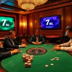 Engaged players enjoying a vibrant poker game at a luxurious casino, showcasing 7xl online gaming.