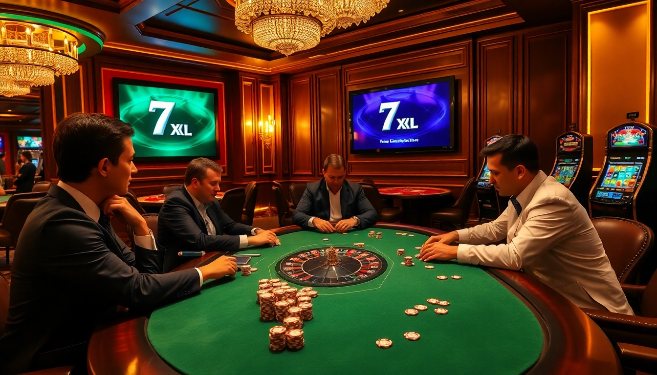 Engaged players enjoying a vibrant poker game at a luxurious casino, showcasing 7xl online gaming.