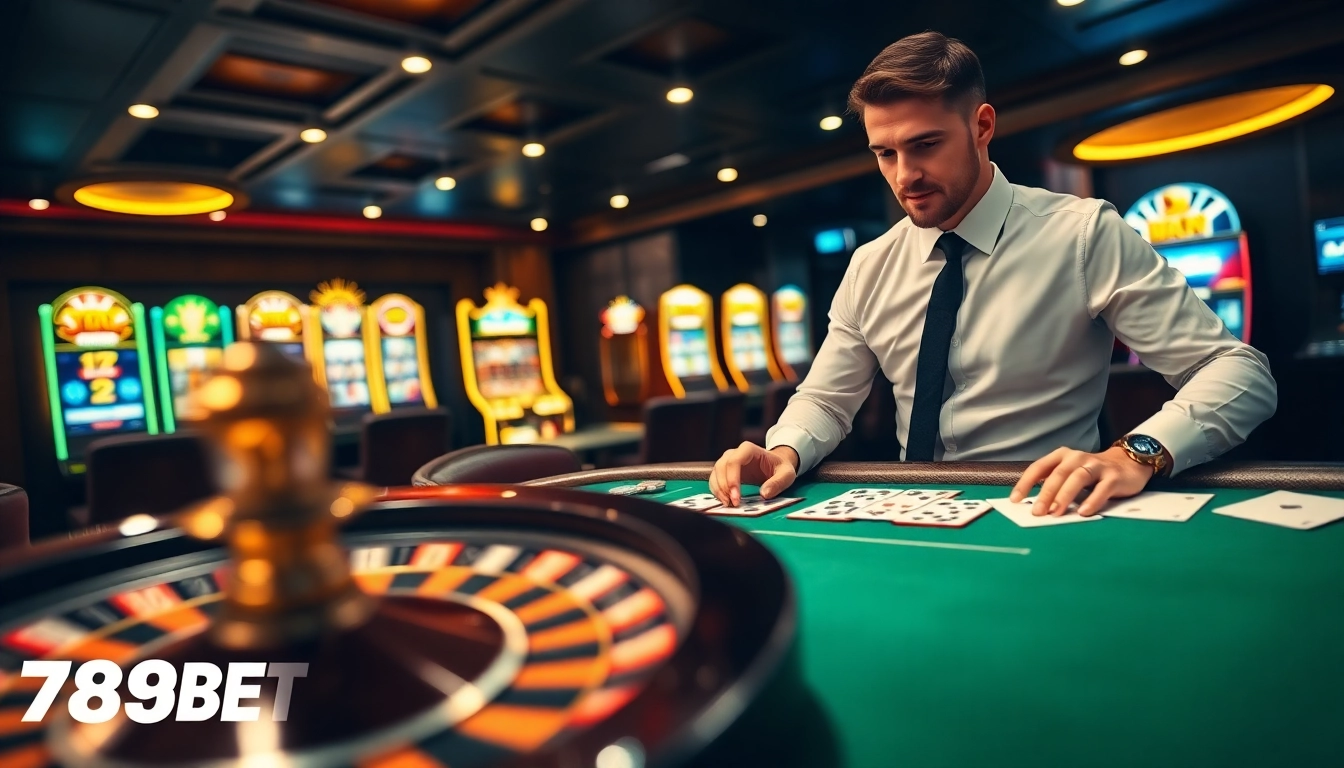Players enjoying a thrilling game at a luxurious 789BET casino table with vibrant slot machines.