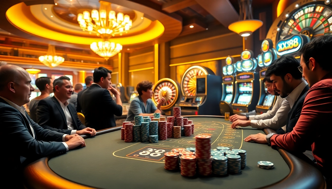 Experience the thrill of XX88 at a high-stakes casino table with vibrant chips and engaging players.