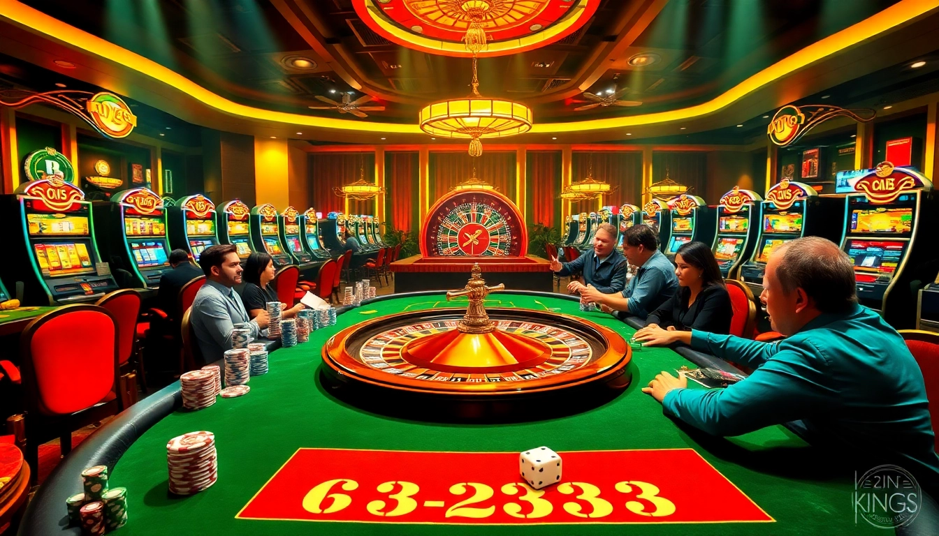Exciting casino gaming scene with poker, slot machines, and vibrant lights showcasing king33 strategies.