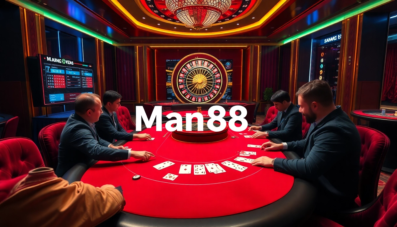 Players engaged in a high-stakes poker game at Man88 Casino, showcasing excitement and professional ambiance.