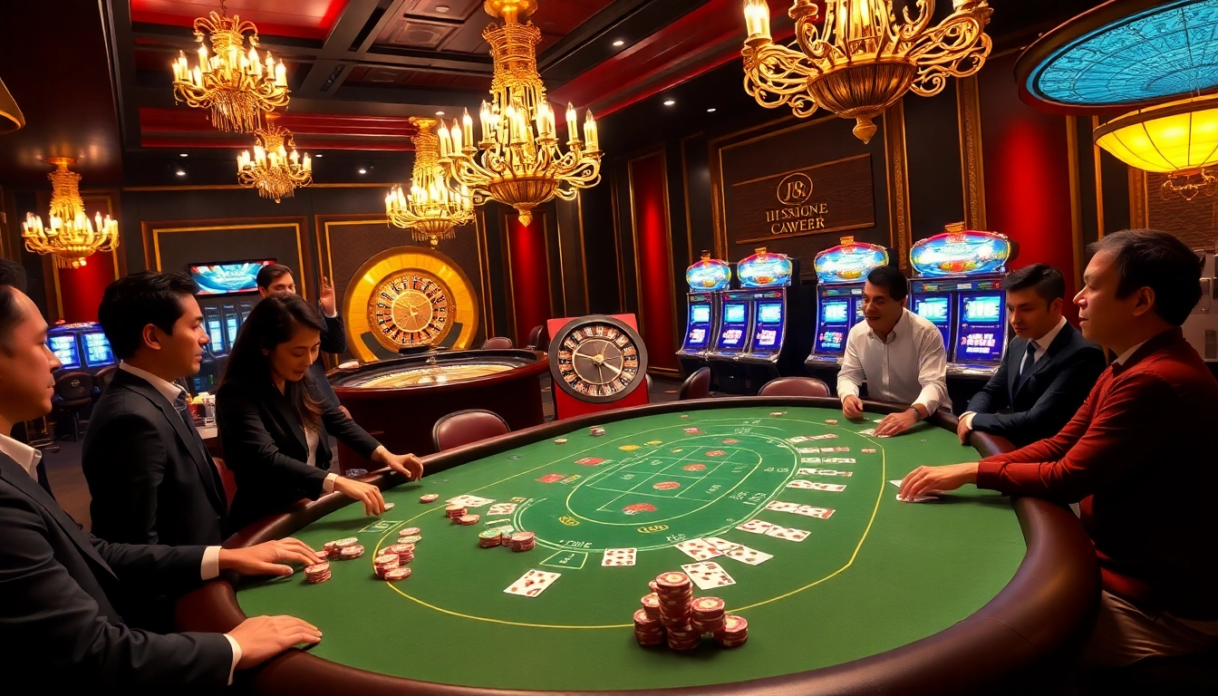 J8 casino players engage at a vibrant gaming table full of chips and cards.