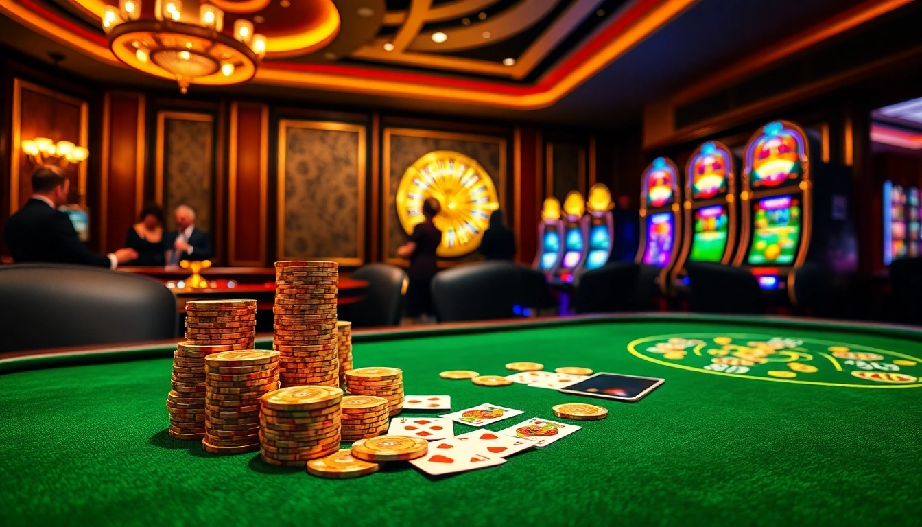 MM88 casino scene showcasing poker chips and a roulette wheel, encapsulating excitement and luxury.