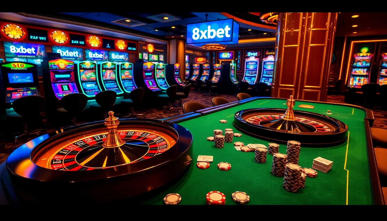 Immerse in the excitement of 8xbet with luxurious casino visuals featuring poker tables and roulette wheels.