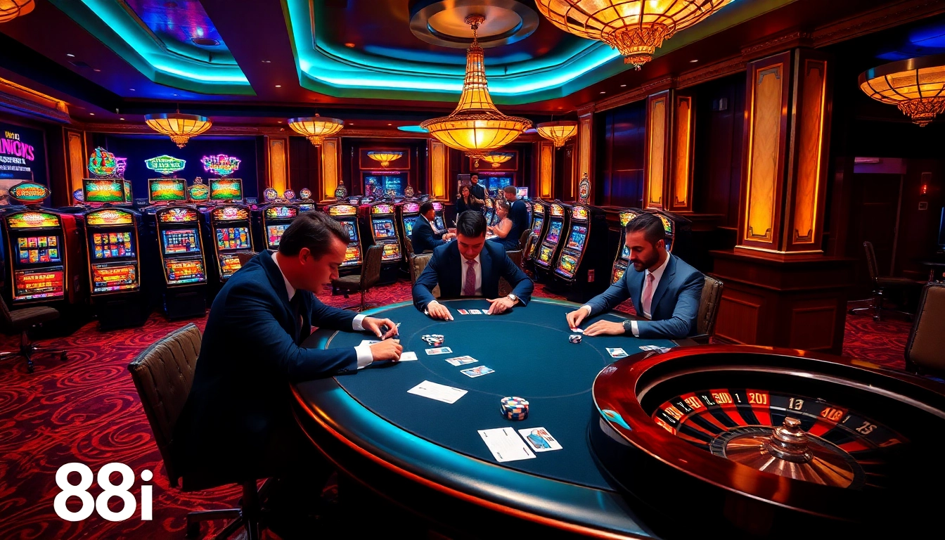 Experience a thrilling poker game at 88i, surrounded by luxurious casino elements.