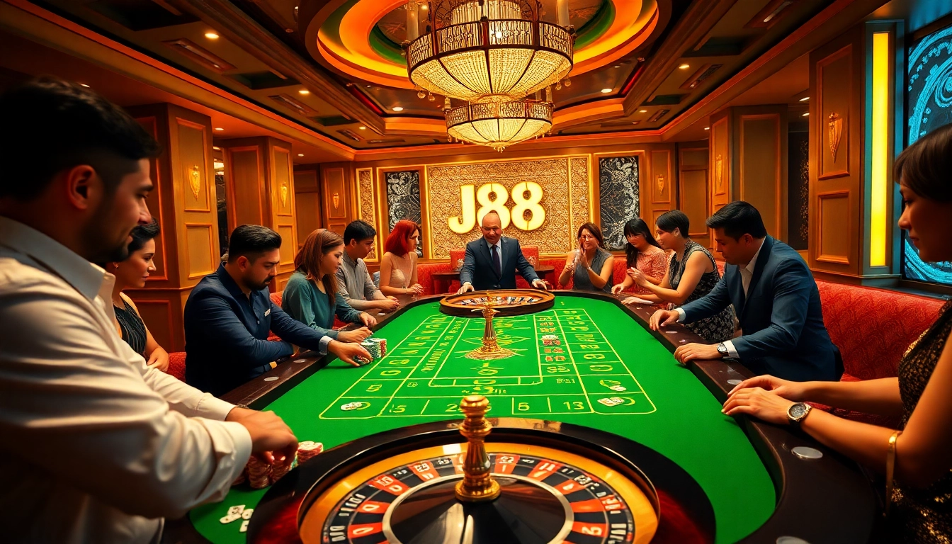 Join the excitement at the J88 gaming table with vibrant poker chips and cards.