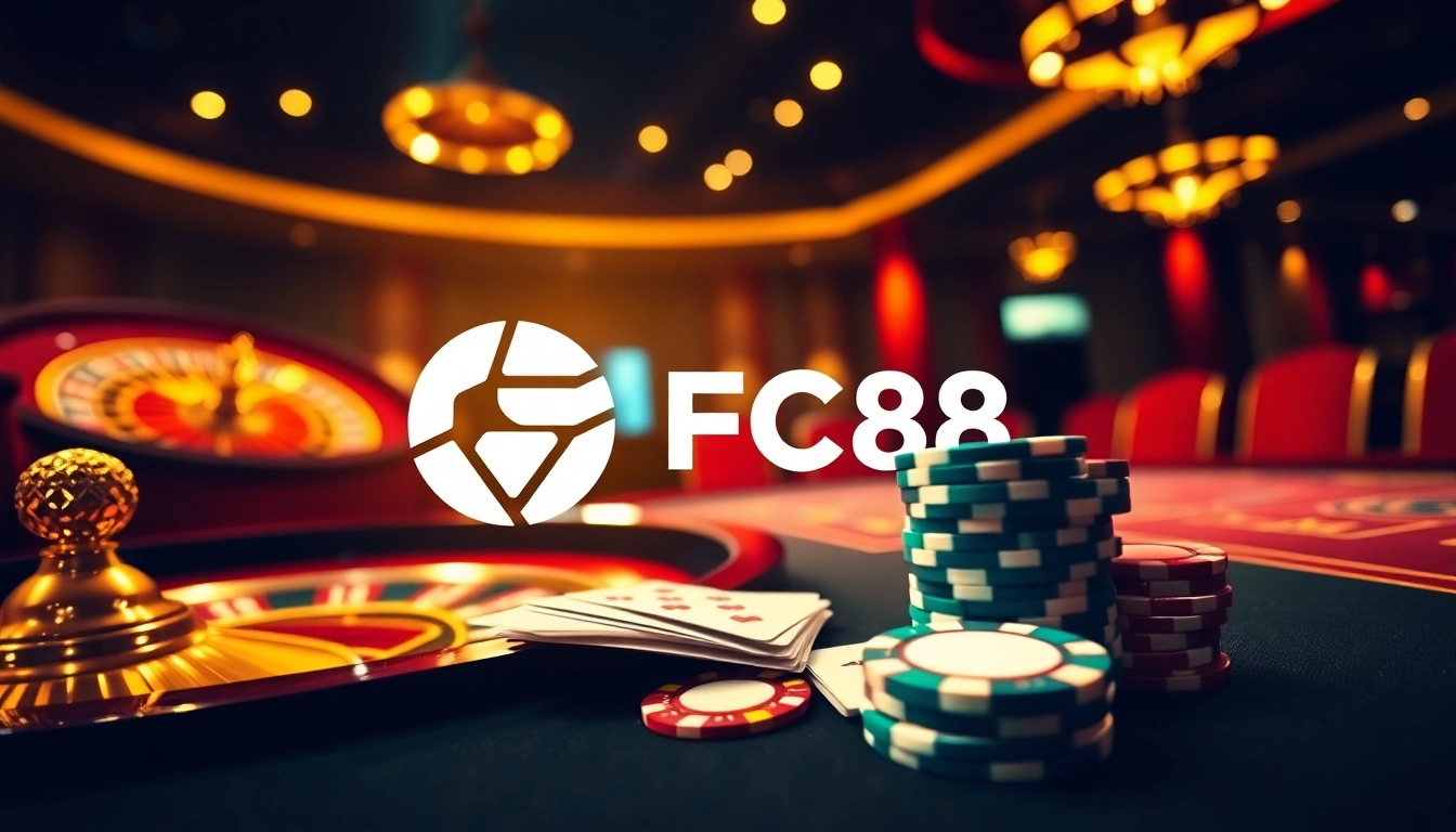 Engaging scene of poker chips and cards at FC88 casino table.