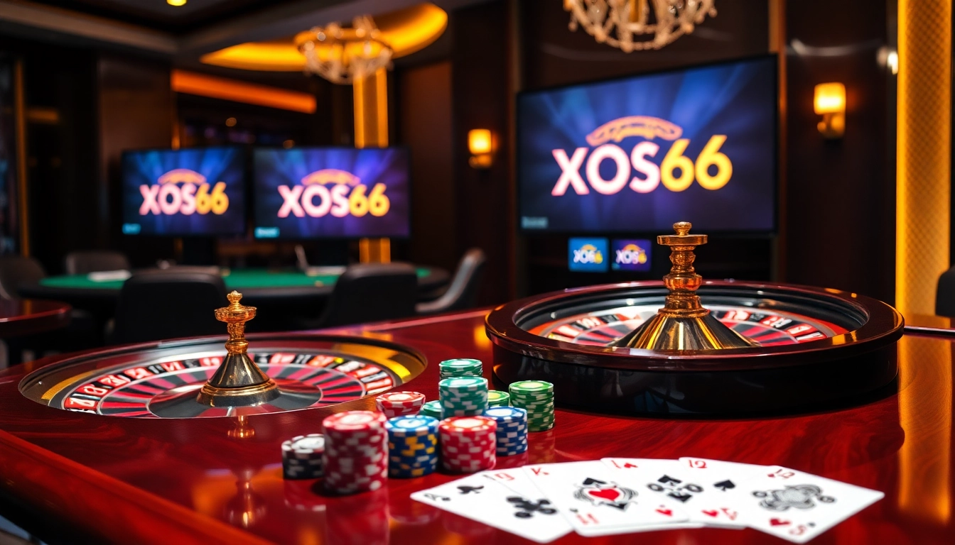 Xoso66 players engaging at a luxurious casino table with roulette and poker chips.
