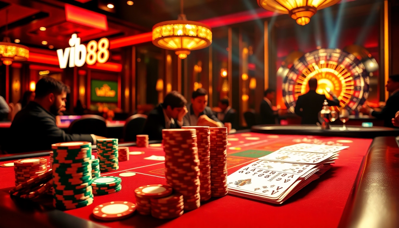 Engaging players at a luxurious vn88 casino table surrounded by vibrant poker chips and roulette wheel.