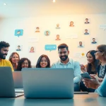 مشهد تفاعلي في شات عربي يظهر أشخاصاً متنوعين يتبادلون الحديث عبر الإنترنت، مع التأكيد على الاتصال والمجتمع.