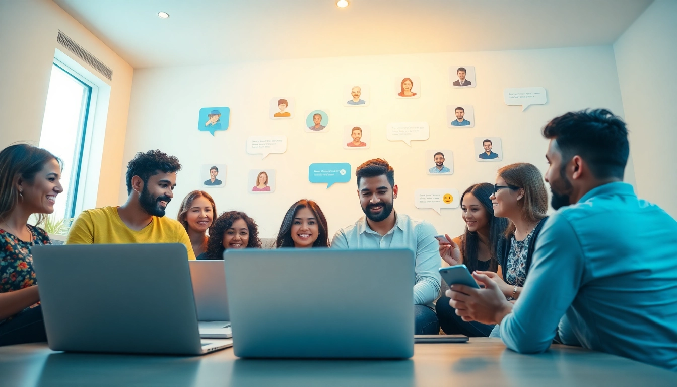 مشهد تفاعلي في شات عربي يظهر أشخاصاً متنوعين يتبادلون الحديث عبر الإنترنت، مع التأكيد على الاتصال والمجتمع.