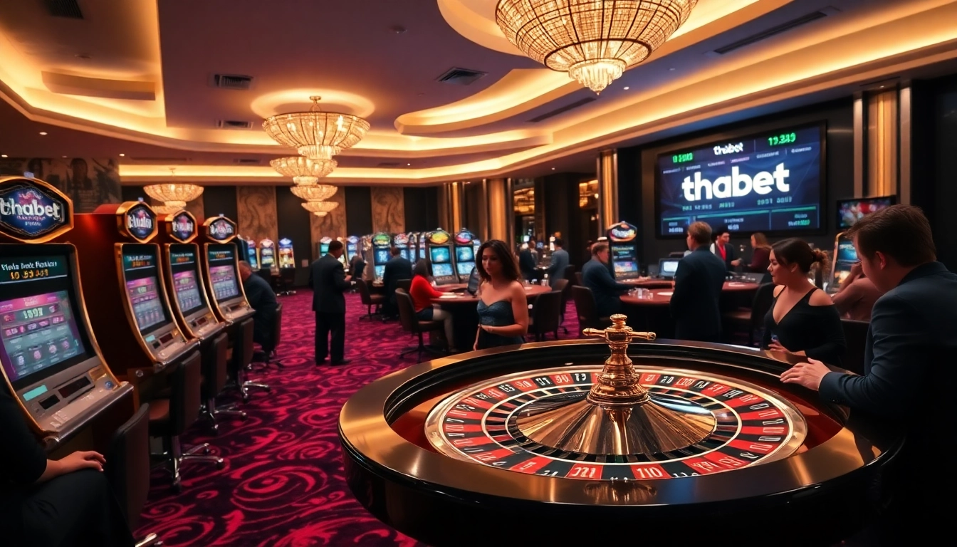 Players enjoying exciting games at thabet casino with vibrant slot machines and roulette.
