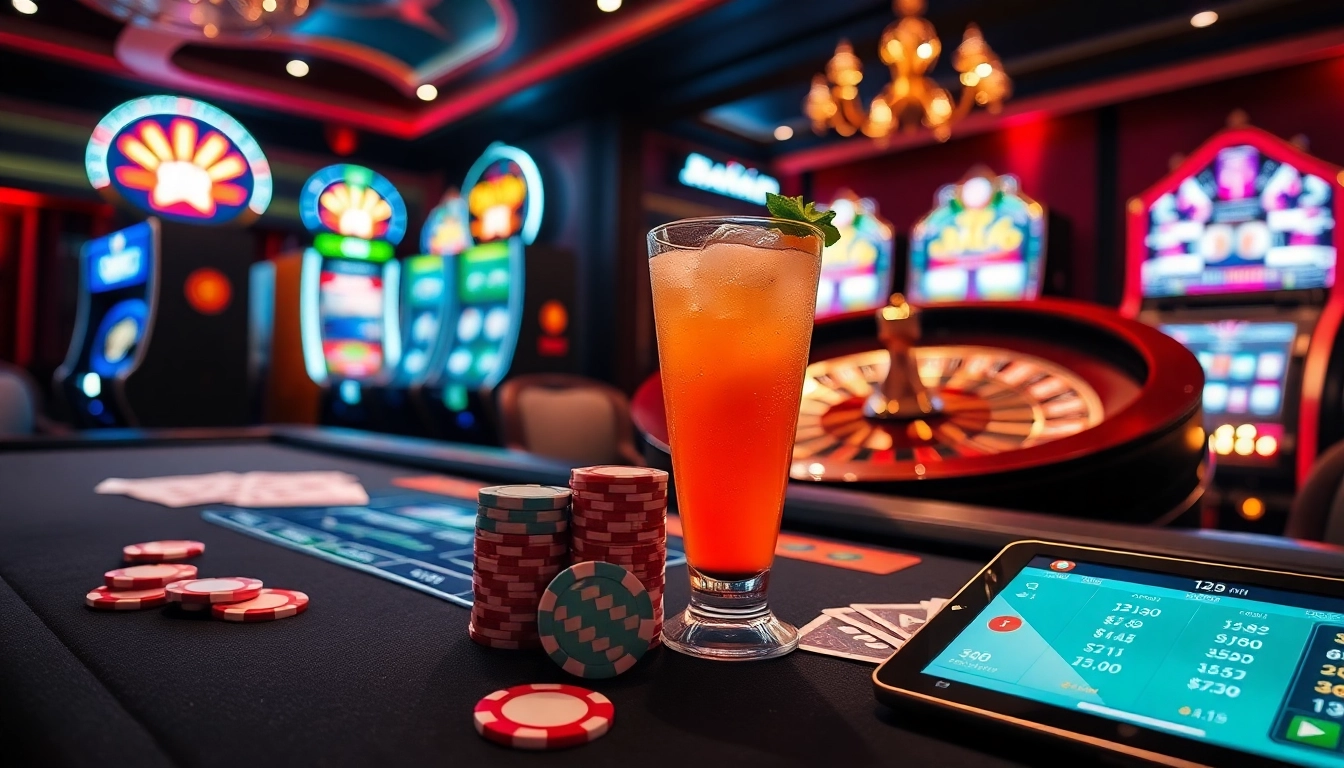 Experience the thrill of casino gaming with viral88, showcasing a vibrant poker table and enticing mocktail.