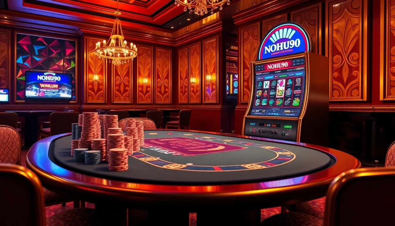 Experience the thrilling entertainment of NOHU90 with rich casino visuals featuring vibrant gaming elements.