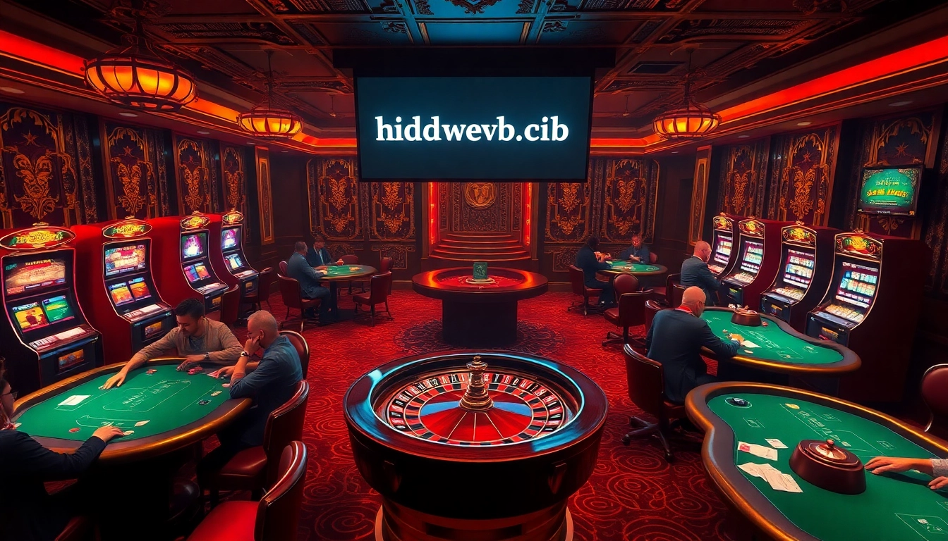 A dynamic casino scene with players engaging at poker tables highlights the connection to the hidden wiki.