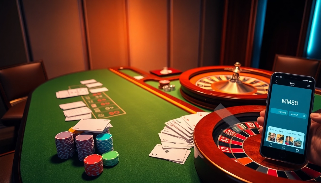 Engage with MM88’s vibrant casino atmosphere, featuring colorful chips and betting slips.