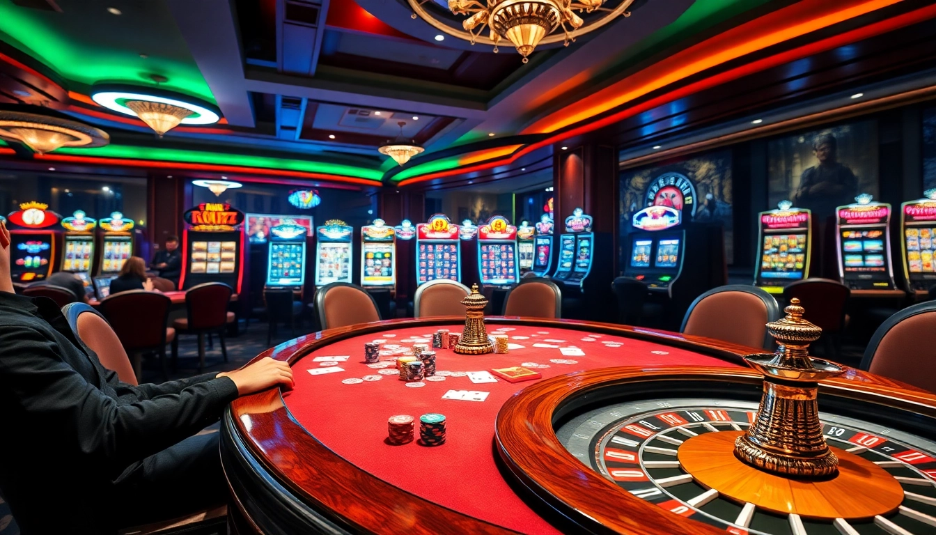 Players enjoying a thrilling poker game at the luxurious casino table at https://pg88us.com/ showcasing vibrant poker chips.