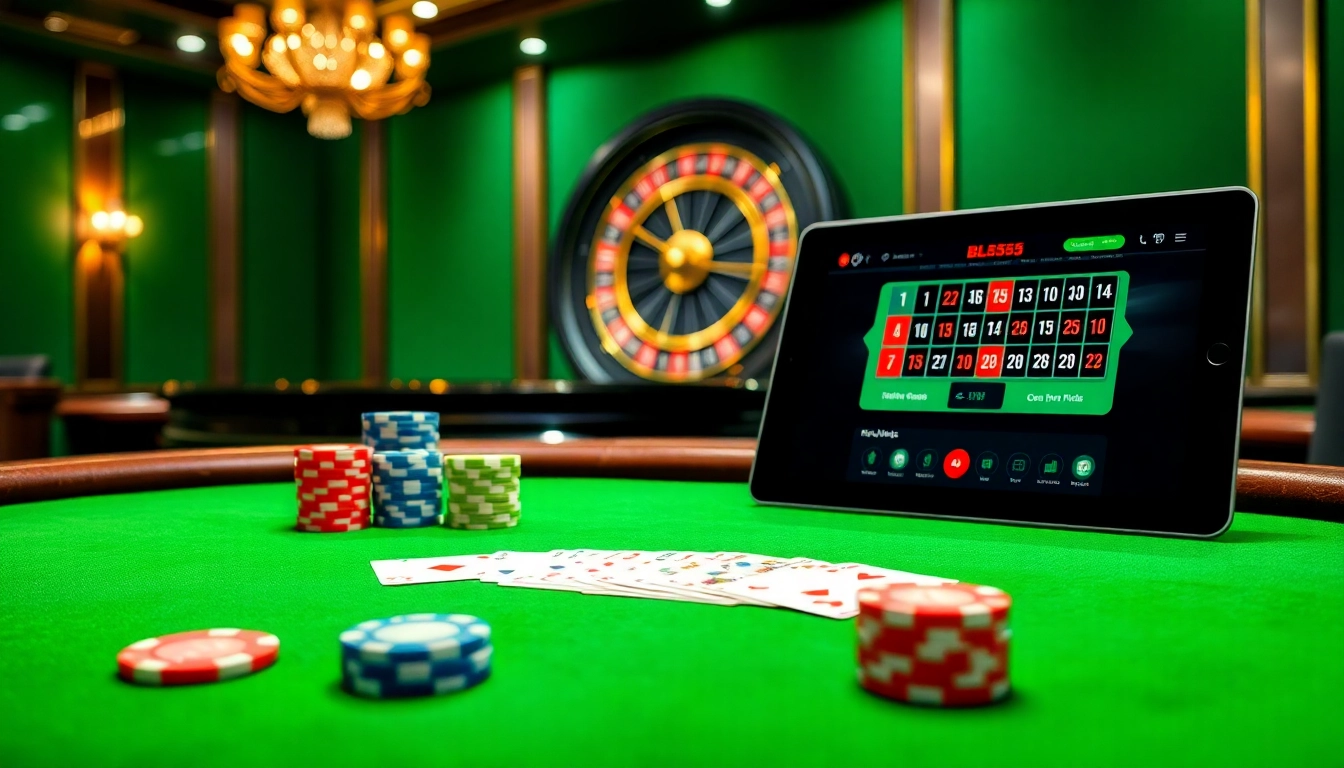 Engaging scene of nhà cái bl555 showcasing vibrant poker chips and a sleek online gaming interface.
