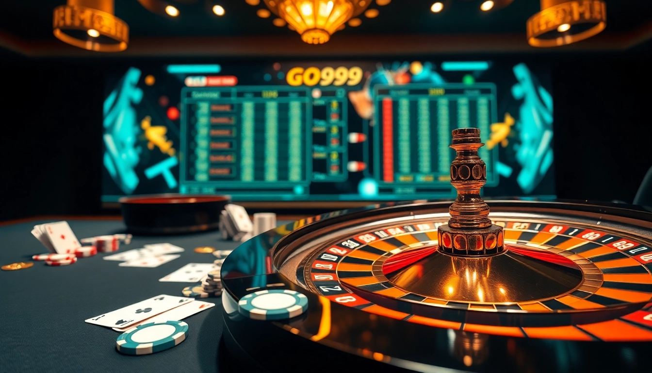 Experience the excitement of nhà cái GO99 with engaging casino visuals showcasing poker chips and a roulette wheel.