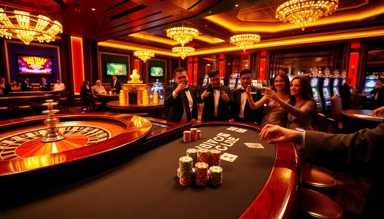 Hitclub players celebrating at a high-stakes poker table in a luxurious casino setting.