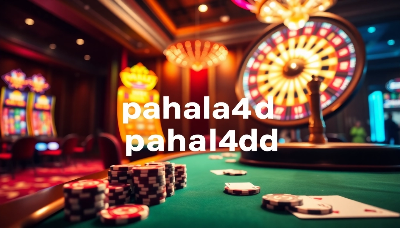 Engaging poker game scene with pahala4d chips and casino lights illuminating the excitement.