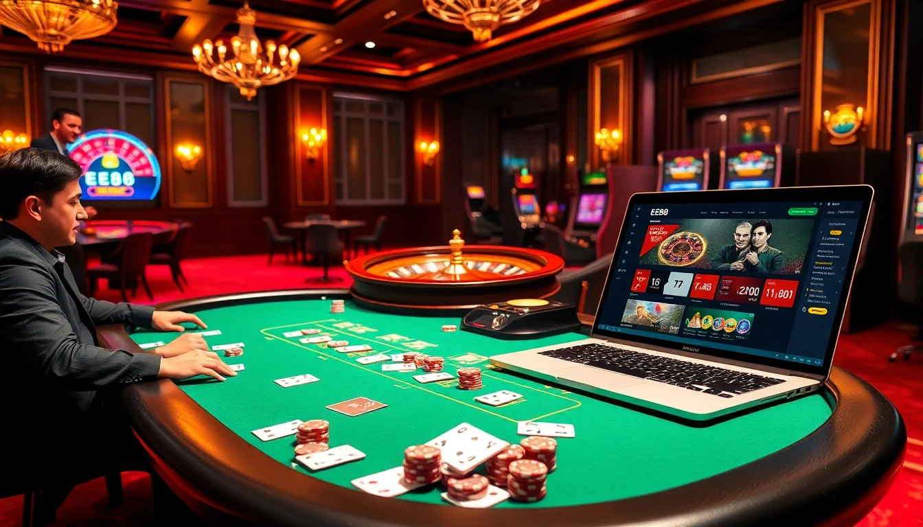 EE88 players engaging in an exciting poker game in a luxurious casino.