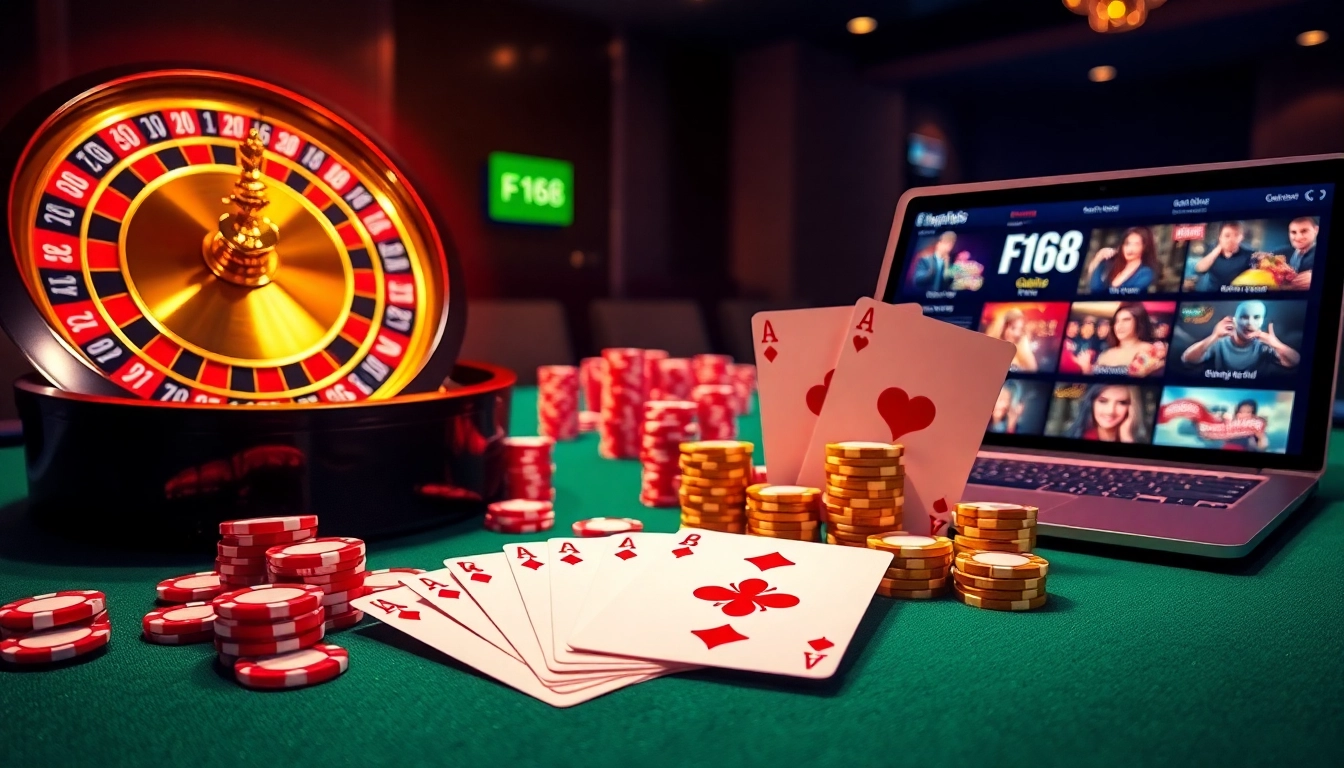 Experience the thrill of winning at F168 with vibrant casino chips and a spinning roulette wheel.