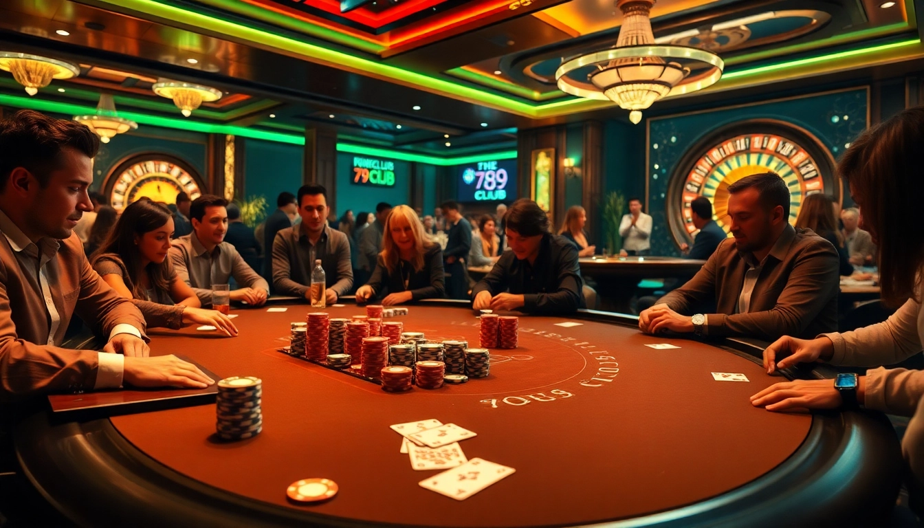 Players strategize with poker chips at 789CLUB high-stakes casino table surrounded by excitement.