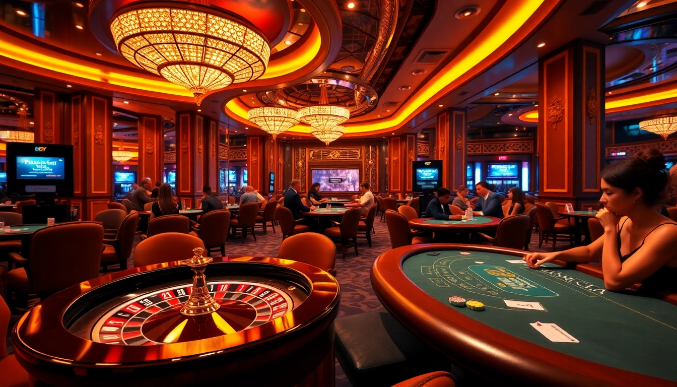 Players engaging at the Pushpa Club casino tables with vibrant lights and game accessories.