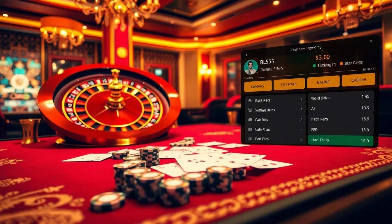 Engaging casino scene highlighting BL555 with roulette wheel, chips, and gaming table.