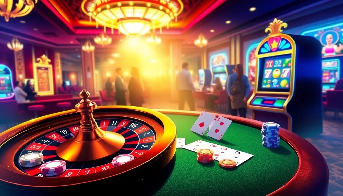 Man88 casino scene featuring roulette wheel, poker cards, and vibrant slot machine lights.