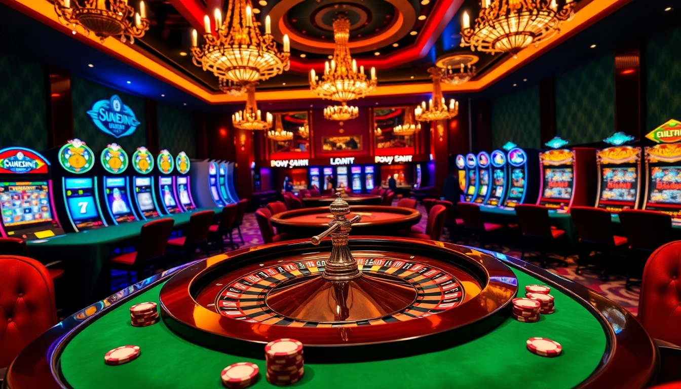 Experience the excitement of winning at https://luckywin.name with a luxurious casino scene featuring roulette and poker gameplay.