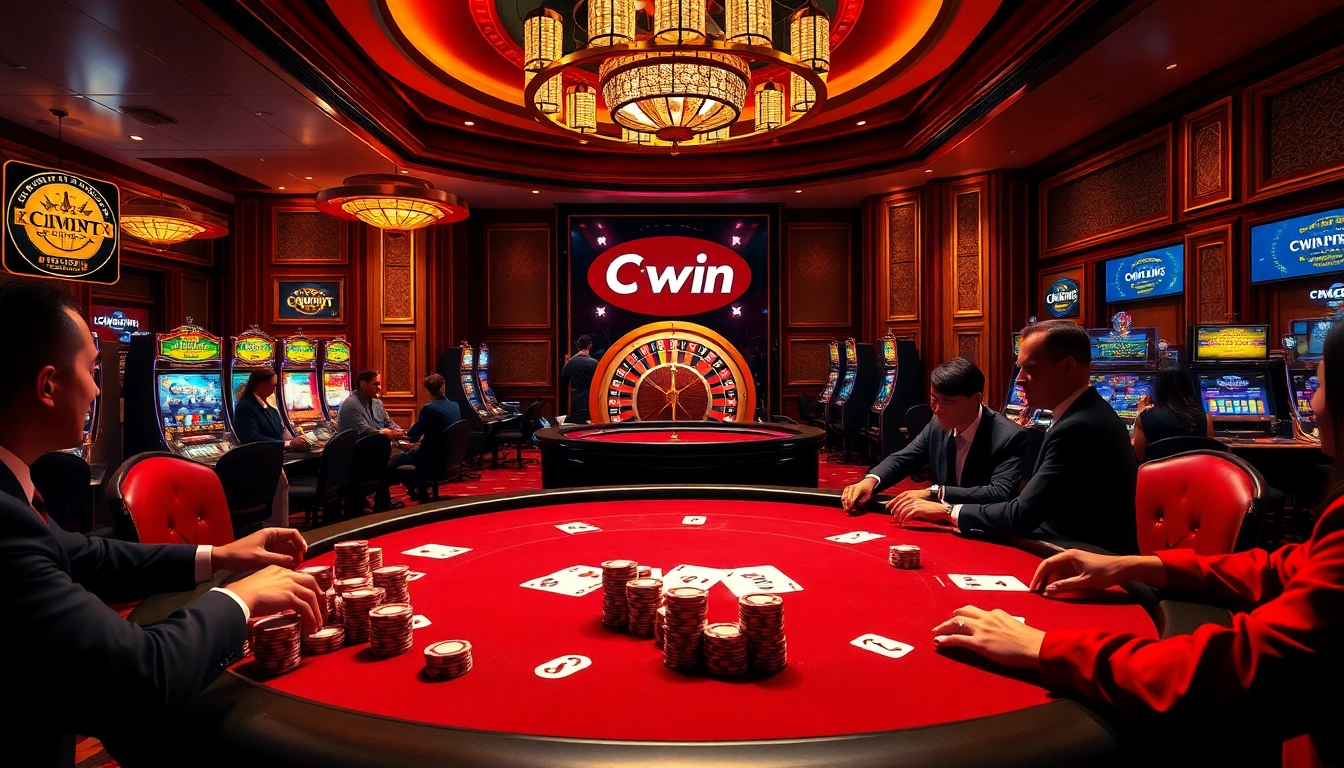 Cwin gamblers enjoying a live poker game with vibrant chips and cards at an upscale casino.