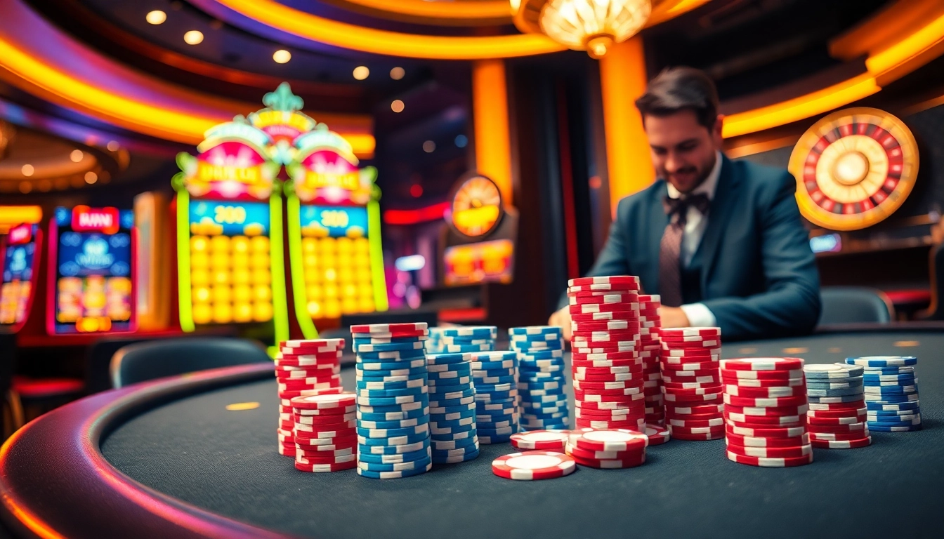 Kuwin casino chips and cards on a luxurious poker table in a vibrant gaming environment.