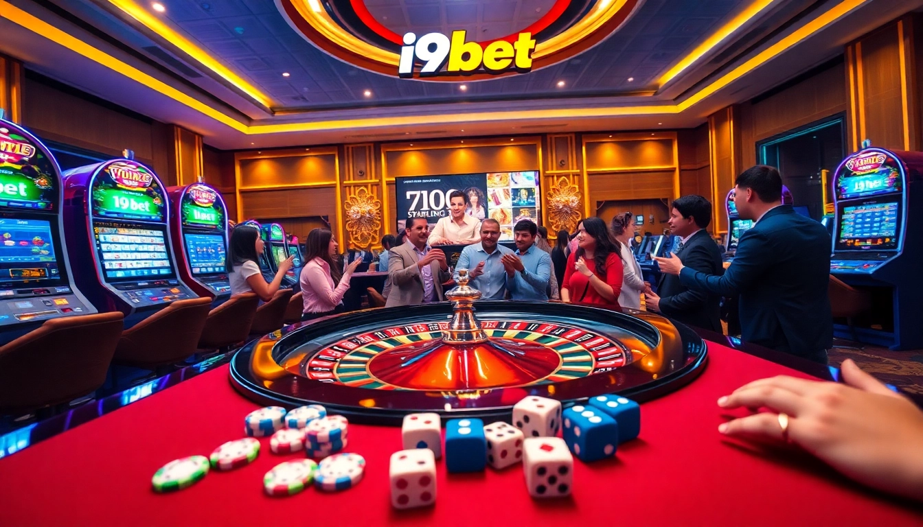 Experience the excitement of i9bet at a luxurious casino scene with roulette and slot machines.