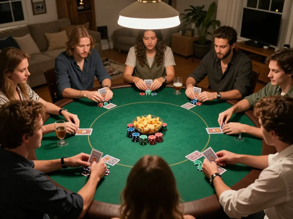 Players engage in a strategic poker game night with QE8 at their home table.