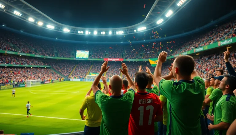 Trực tiếp bóng đá scene of passionate soccer fans cheering in a vibrant stadium.