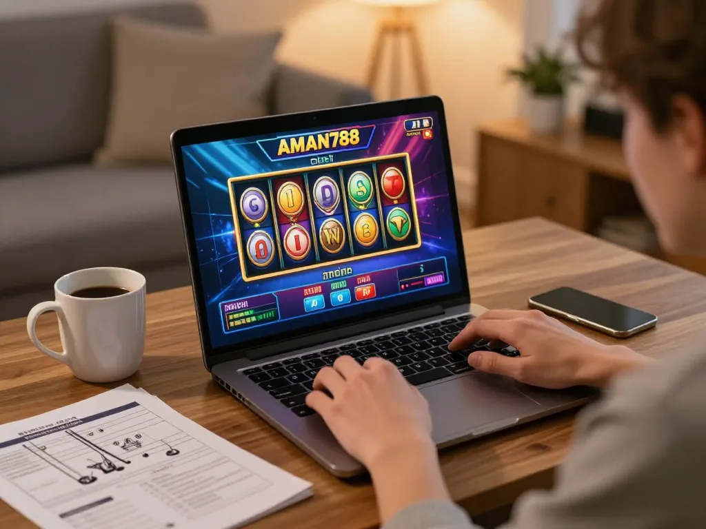 Pemain menikmati slot online AMAN788 di laptop dikelilingi oleh catatan permainan di lingkungan yang nyaman
