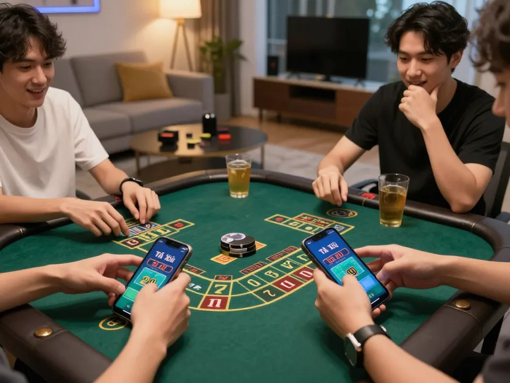 Players enjoying an exciting tài xỉu online session on a smartphone in a cozy home environment.