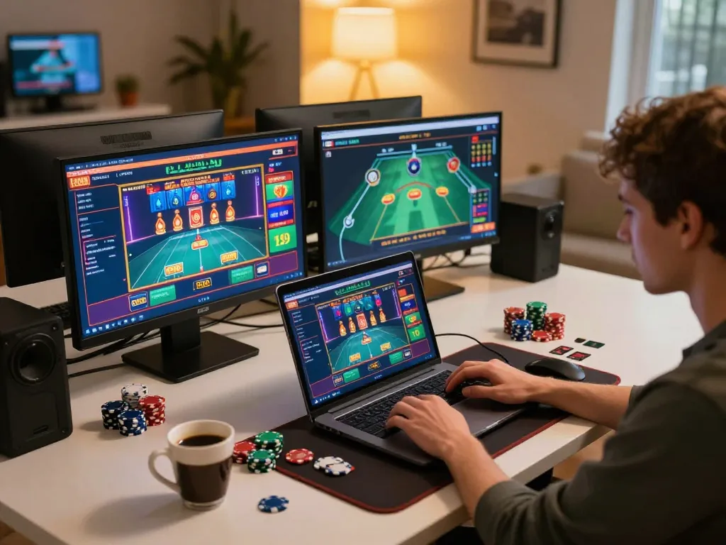 Active gaming scene from dacsandatphanrang.com showcasing a player using a laptop for online casino games amidst a cozy and organized environment.