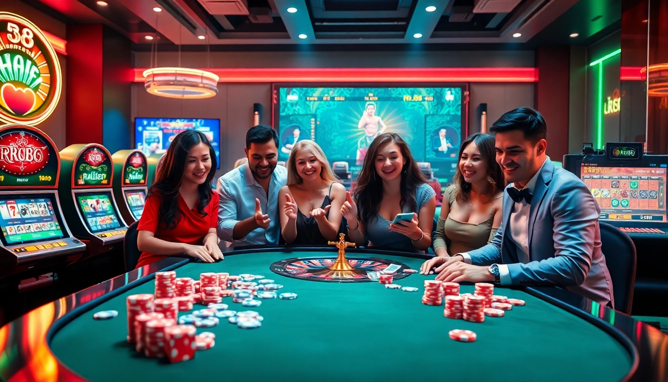 Experience thrilling gameplay at RR88 with casino tables and vibrant slot machines in a luxurious setting.