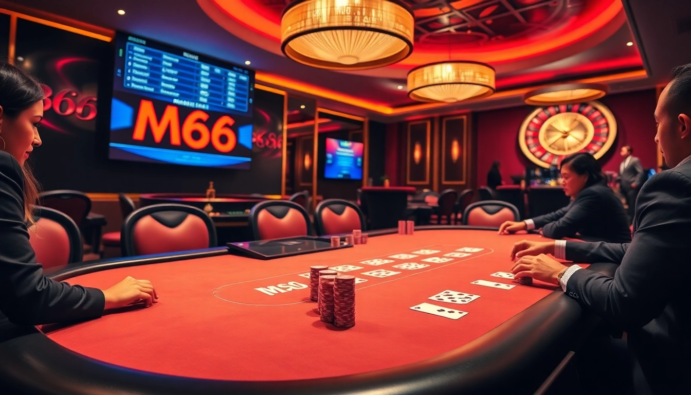 Engaging scene of an MB66 casino table with players betting on blackjack.