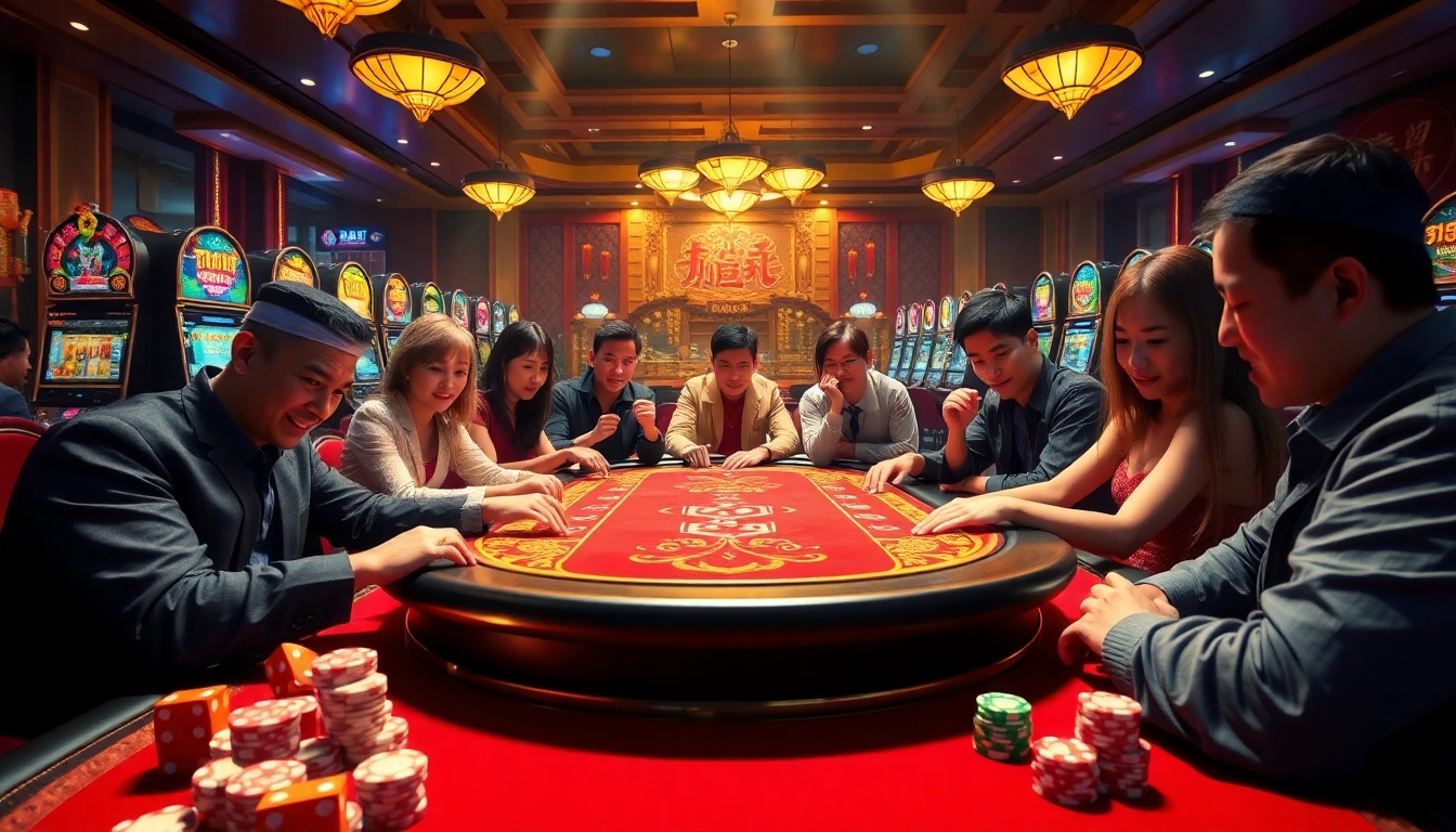 Engaging players at a vibrant game tài xỉu table in a luxurious casino setting.