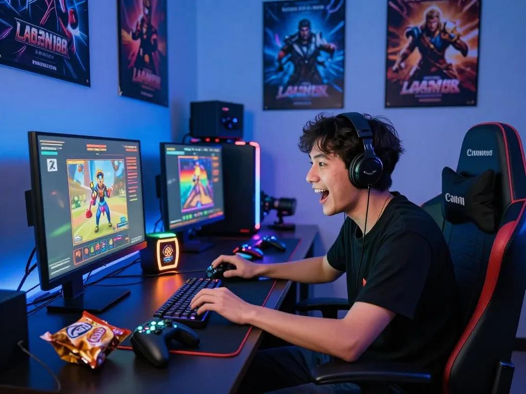 Pemain yang terlibat menikmati slot online laoban188 di ruang permainan yang cerah dengan lampu LED dan peralatan permainan.