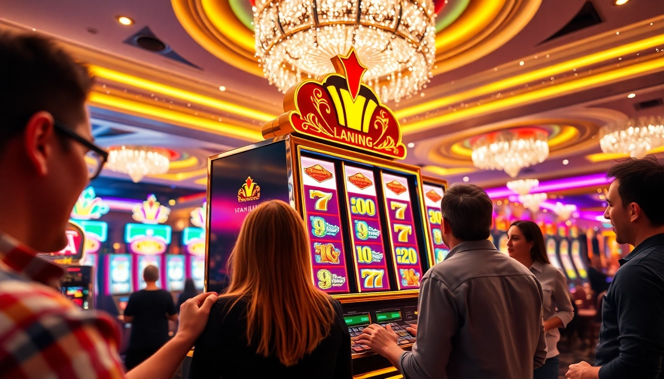 Players enjoying the citinow slot at an upscale casino, surrounded by vibrant lights and excitement.
