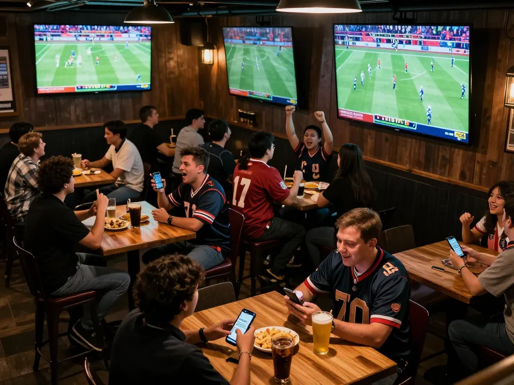Cakhia users enjoying live football matches while placing bets in a lively sports bar atmosphere.
